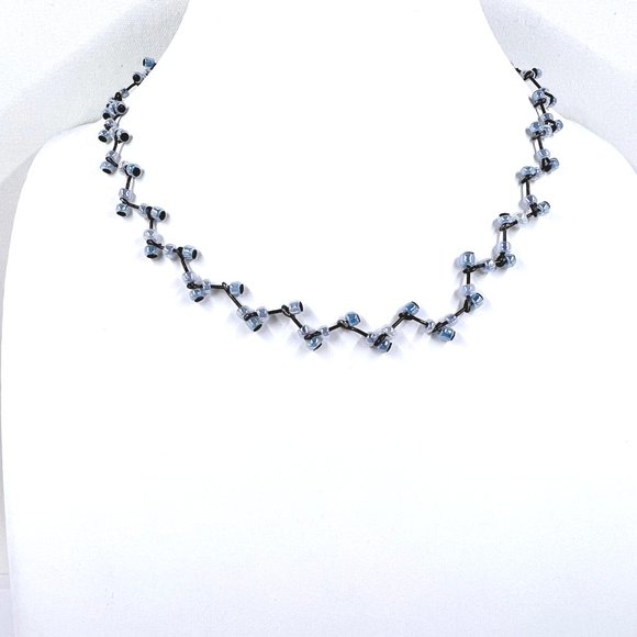 NWOT - NY & CO - Gunmetal Tone Wave Chain Light Blue Beaded 13” Choker Necklace - Picture 3 of 7